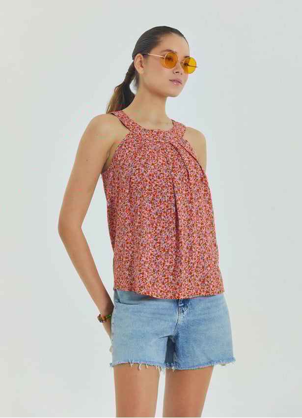 Halter Neck Button Detail Pleated Pink Floral Blouse 4675
